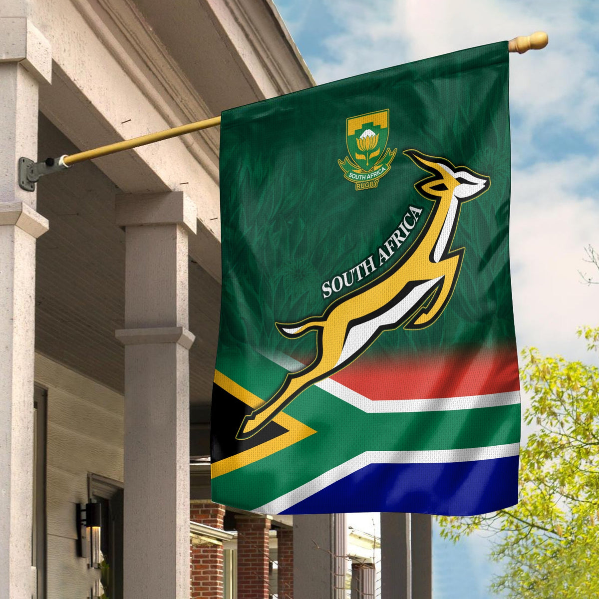 South Africa rugby flag, green springbok crest with South Africa lettering