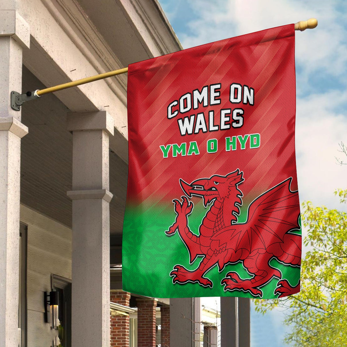 Wales football garden flag with red and green design, Come On Wales text, dragon