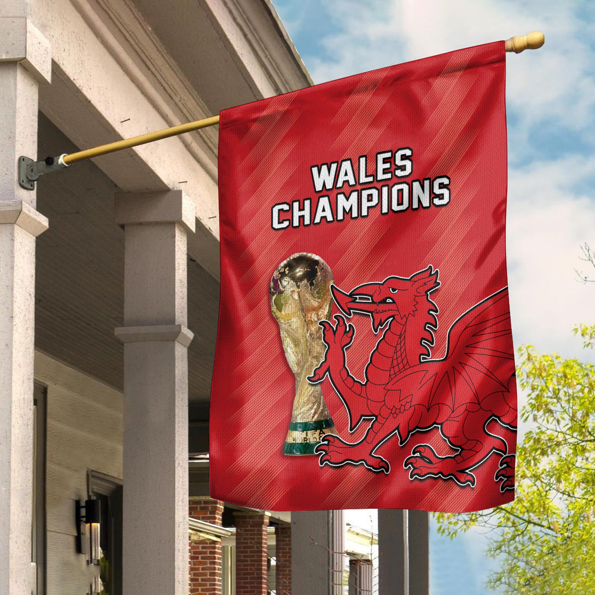 Red Wales Champions house flag with dragon emblem and white pole sleeve