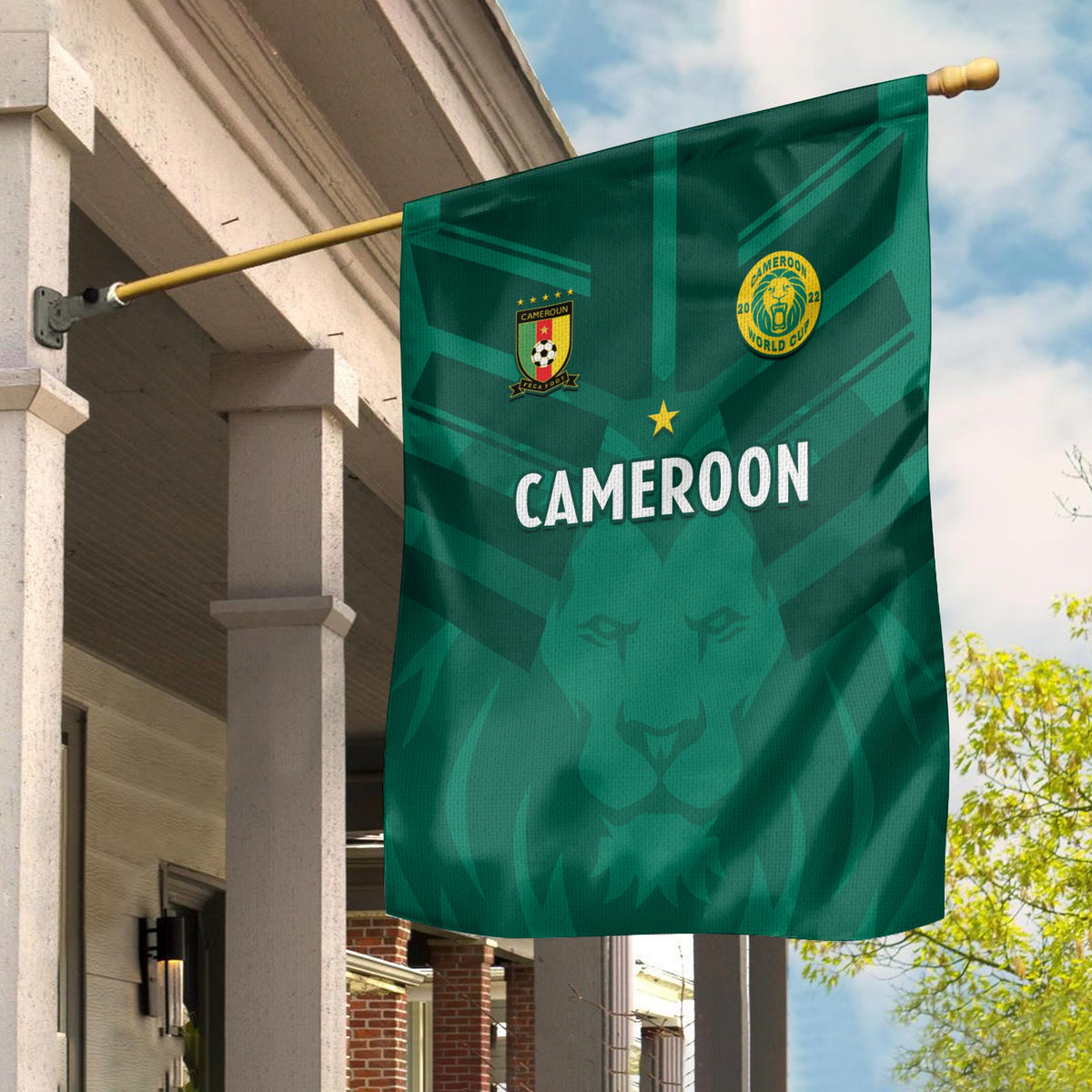 Cameroon green football flag with lion crest and 'CAMEROON' lettering