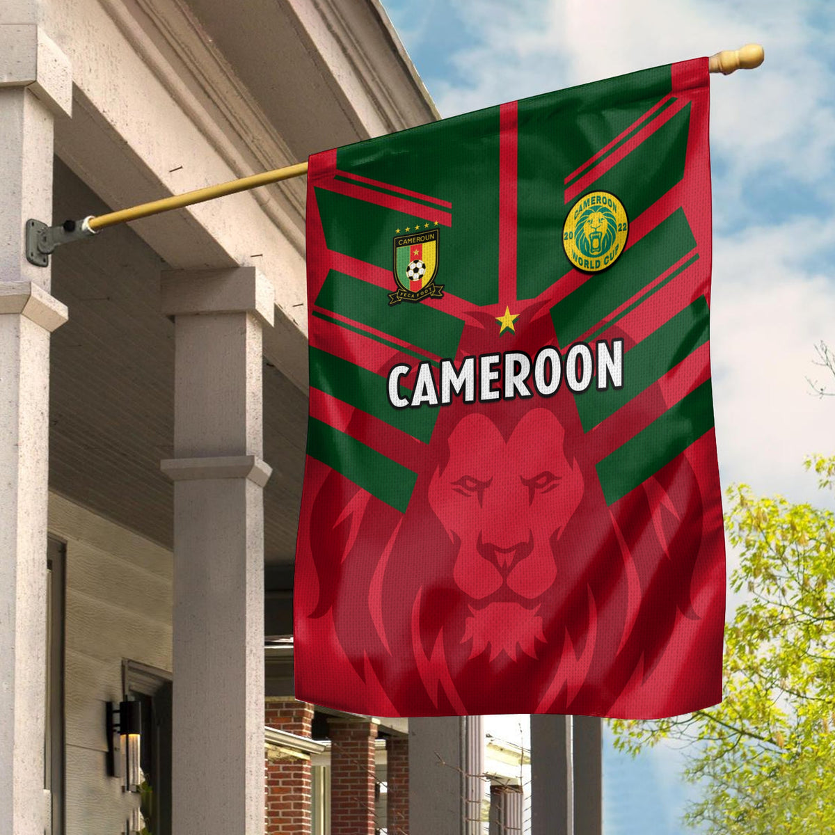 Cameroon football flag with lion graphic, green and red stripes, CAMEROON text