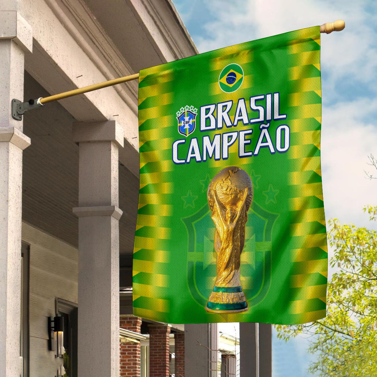 Brazil football champion garden flag, green with yellow check pattern and golden trophy graphic