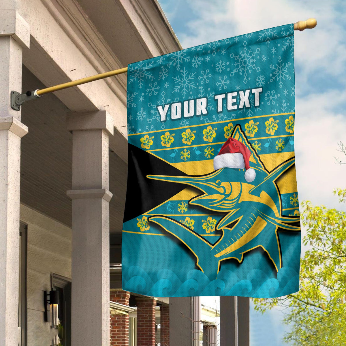 Garden flag: blue Bahamas marlin with Santa hat, custom text, teal/black design