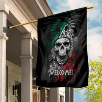 Black skull-and-eagle yard flag with green and red Aztec style accents and WELCOME text