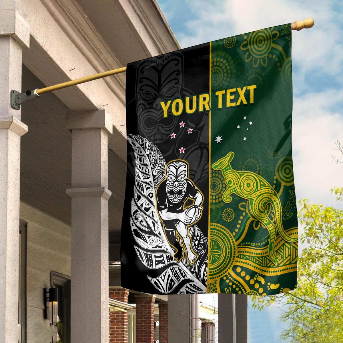 Personalized rugby wall flag with black and green panels, native-style artwork, YOUR TEXT