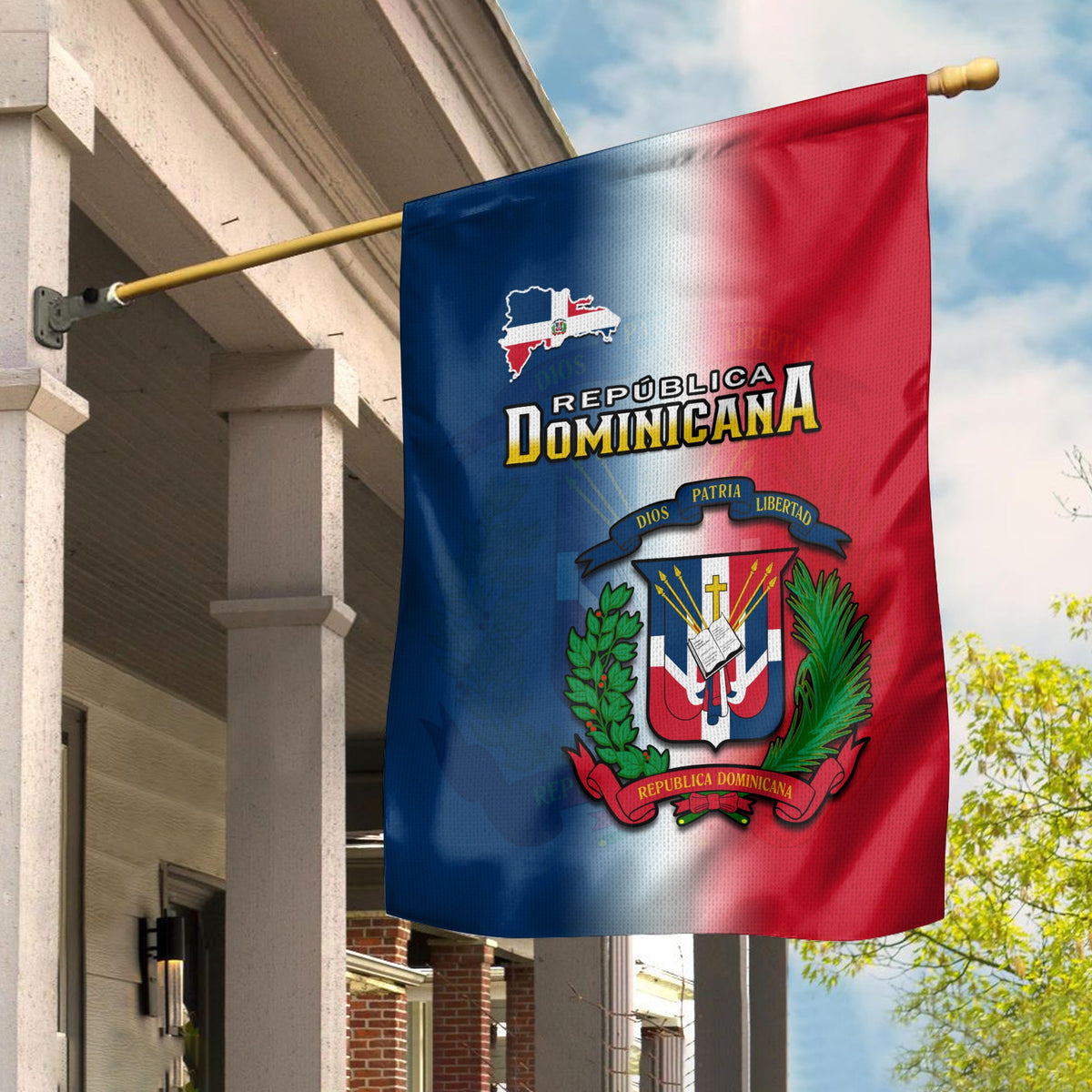 Dominican Republic flag with crest and “Republica Dominicana” text, red-blue gradient