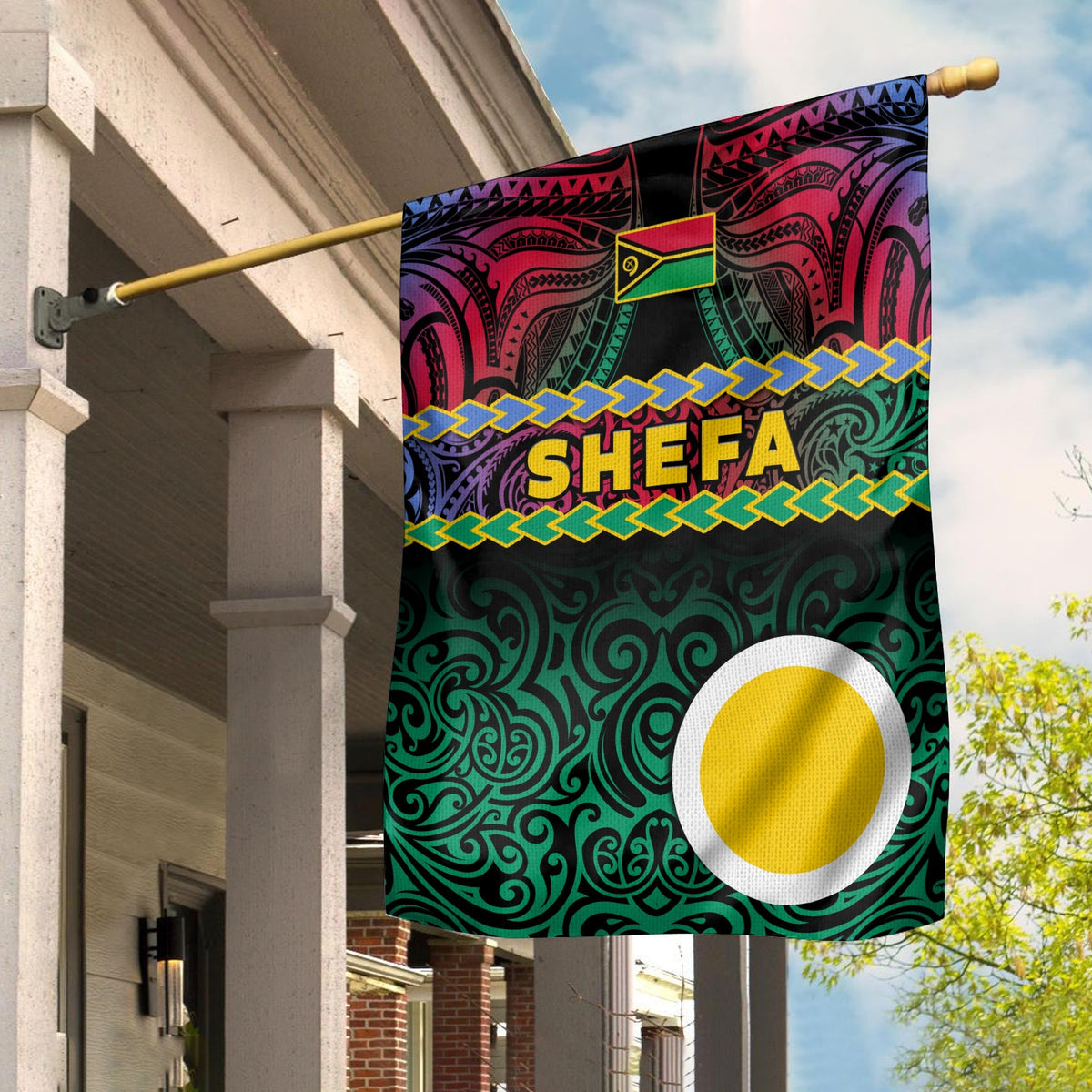 House flag: Shefa province design in purple and green with SHEFA text and circle emblem