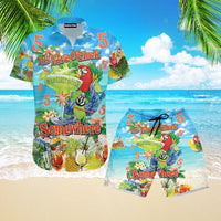 Hawaiian shirt and shorts set in blue with tropical parrot print and drawstring