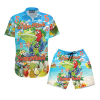 Hawaiian shirt and shorts with blue tropical parrot print, button-up and drawstring