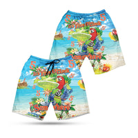 Tropical blue shorts with parrot graphic, elastic waistband and black drawstring