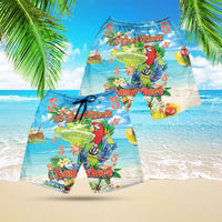Pair of tropical blue shorts with parrot print and elastic drawstring waist