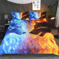 Wolf bedding set with blue and orange flame artwork, Native American style