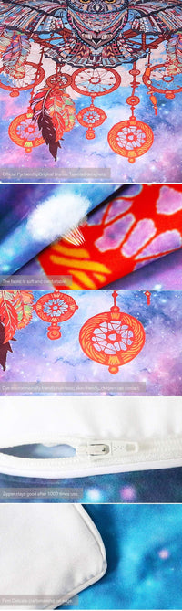 Duvet corner detail with owl dreamcatcher print and hidden zipper on the bedding