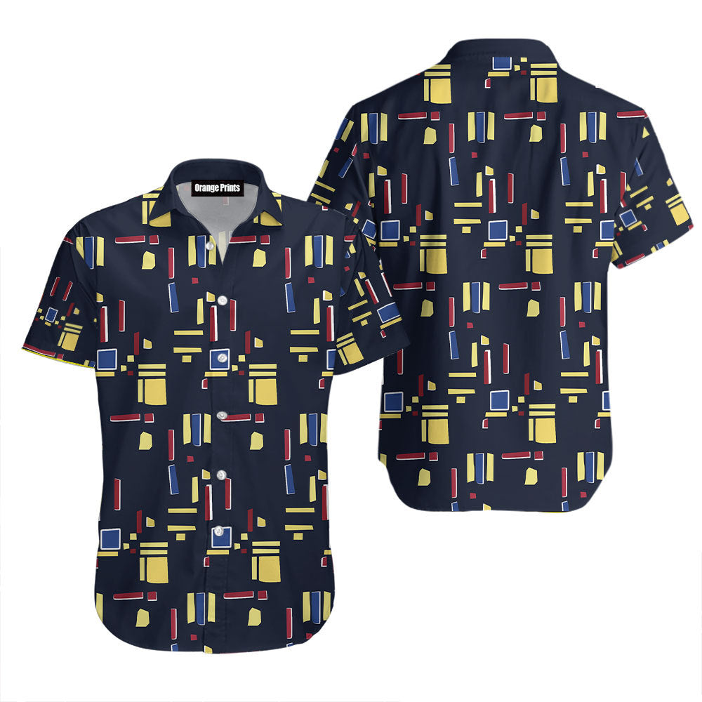 Navy Hawaiian shirt with colorful geometric block print, short sleeves, button-front