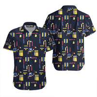 Navy Hawaiian shirt with colorful geometric block print, short sleeves, button-front