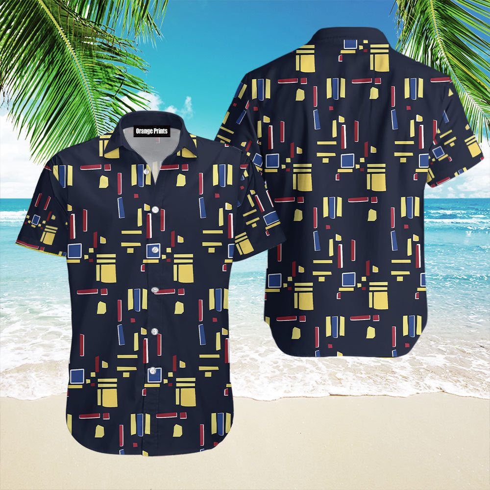 Navy button-front shirt with multicolor rectangular pattern, spread collar, short sleeves
