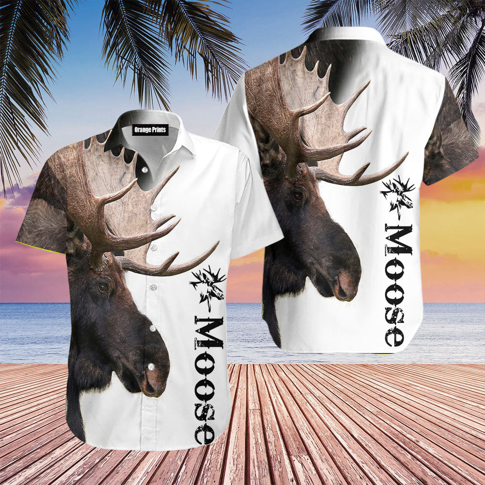 Moose Hawaiian shirt, white button-up with large moose and antler print, black vertical text