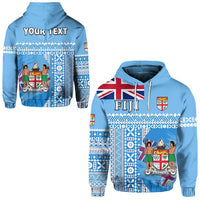 Blue hoodie tapa-pattern with Fiji shield graphic and 'YOUR TEXT' on back