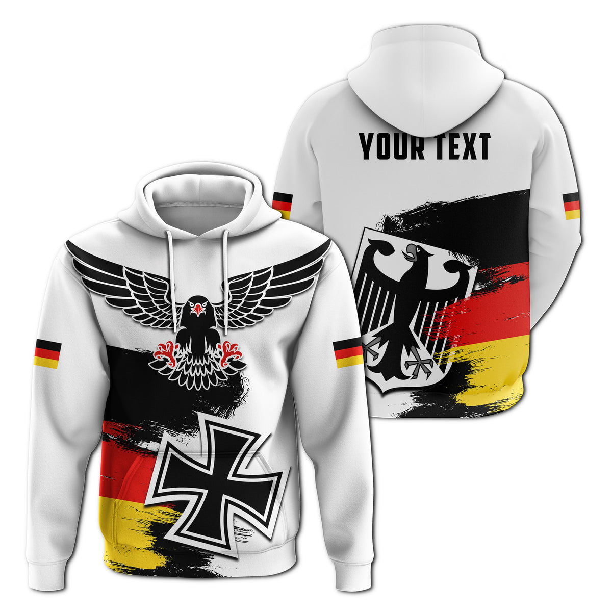 White Germany hoodie front view: eagle wings, cross, grunge flag sleeve stripes