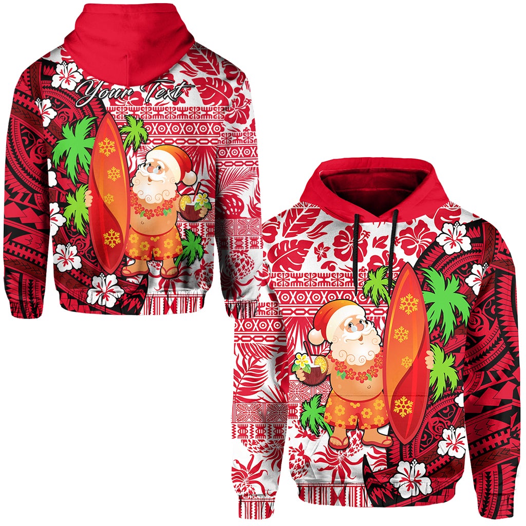 Rotes Hoodie mit Santa-Claus, Surfbrettern und Palmblatt-Weihnachtsgrafik