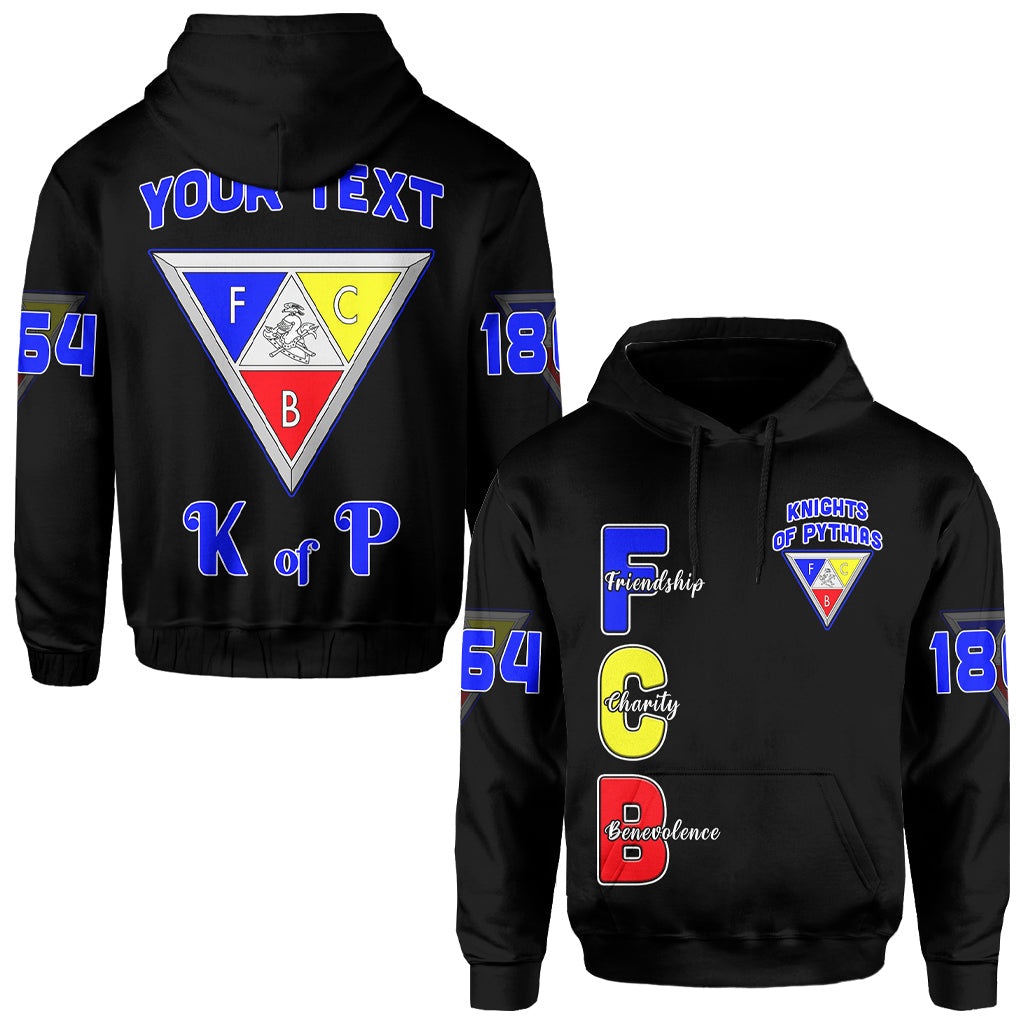 Black pullover hoodie with Knights of Pythias back graphic and 'YOUR TEXT'