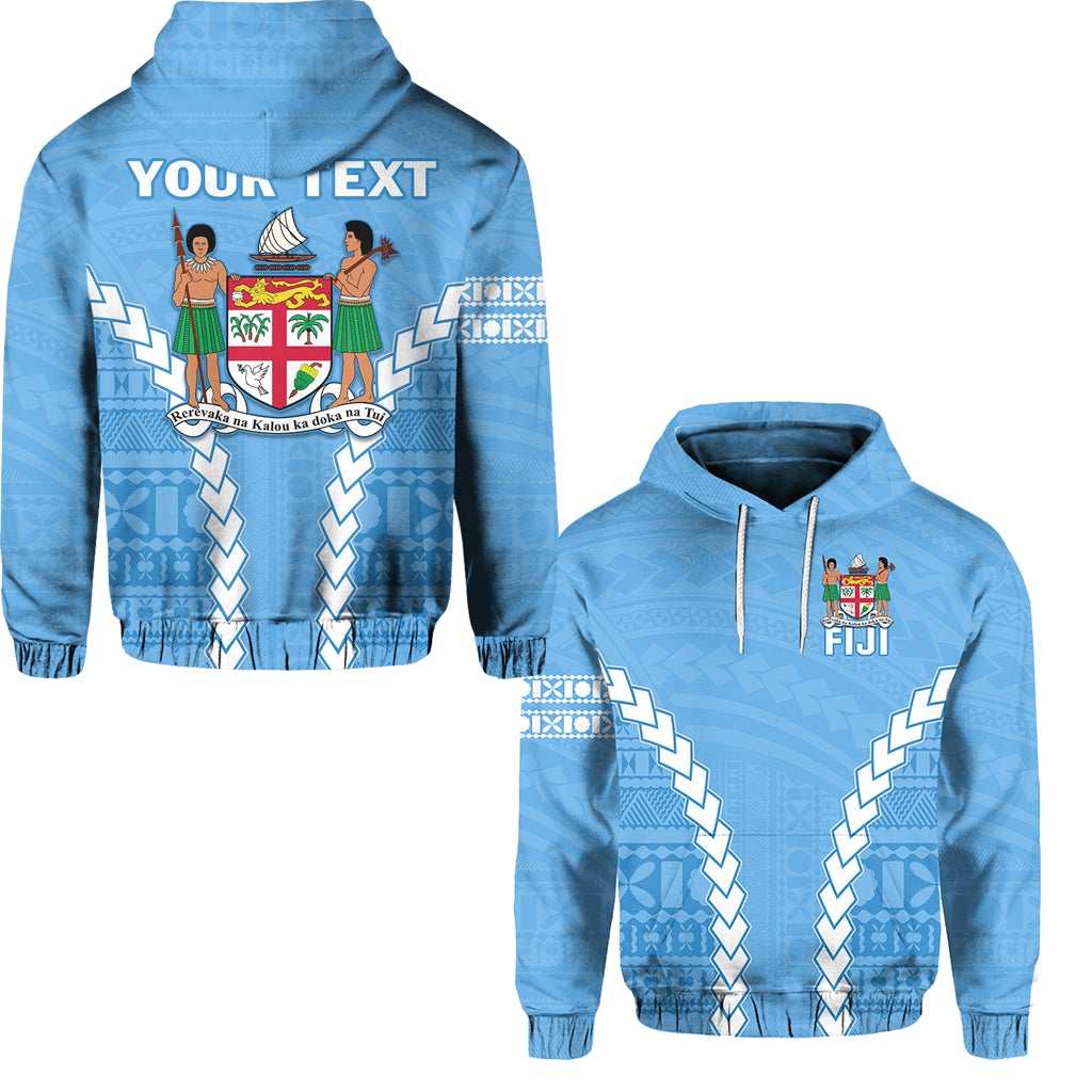 Blue Fiji hoodie with hood and drawstrings, Polynesian pattern and crest graphic
