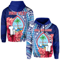 Blue hoodie with Guam graphic, hibiscus flowers, and “YOUR TEXT”