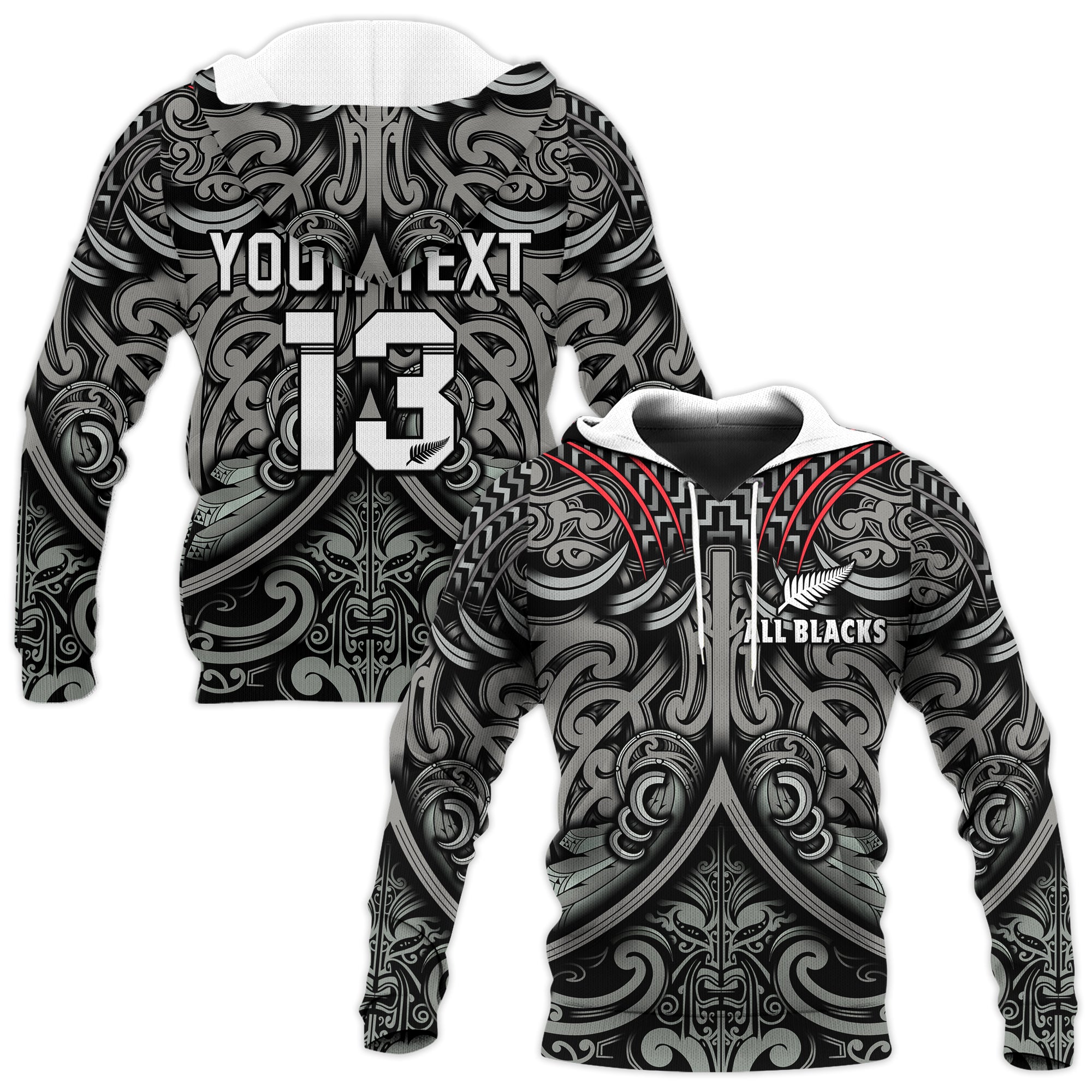 Custom Text and Number New Zealand Silver Fern Rugby Hoodie All Black NZ Maori Pattern LT13 - Wonder Print Shop