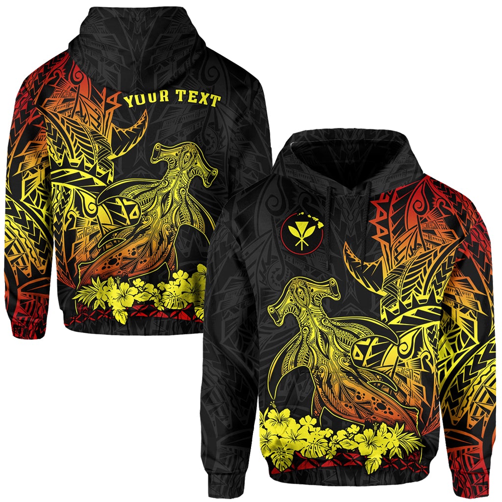 Black hoodie with neon Polynesian hammerhead shark and tropical floral panel