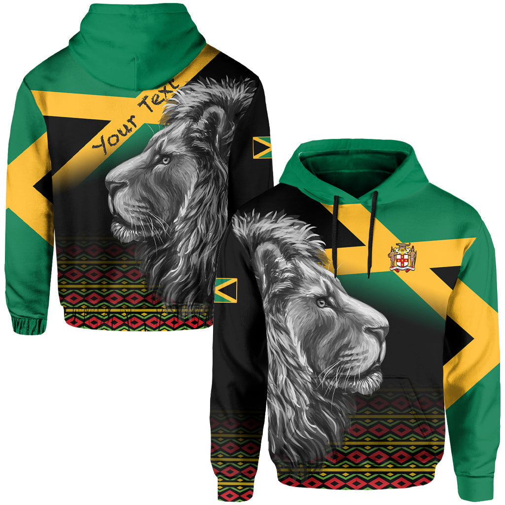 Black Jamaica lion graphic hoodie with green hood and yellow flag pattern