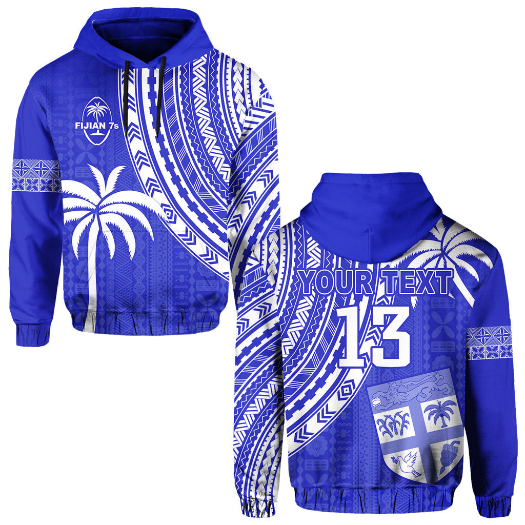 Custom Text and Number Fiji Rugby Sevens Hoodie Fijian 7s Tapa Polynesian Blue Ver.02 LT13 - Wonder Print Shop