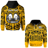 Marquesas tattoo hoodie (pullover) with bold gold-and-black front graphic, hood up