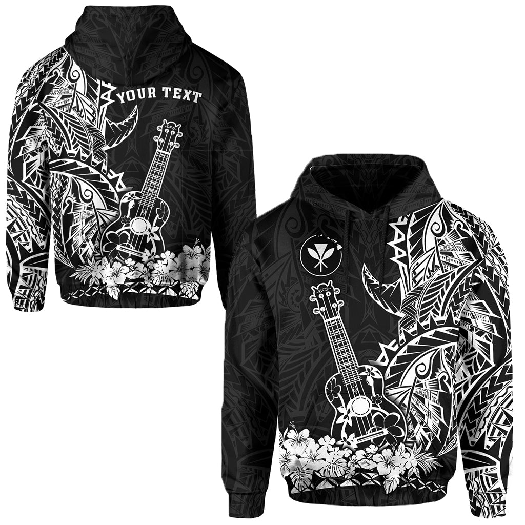 Hoodie with black base and white Polynesian ukulele floral graphic, hood up