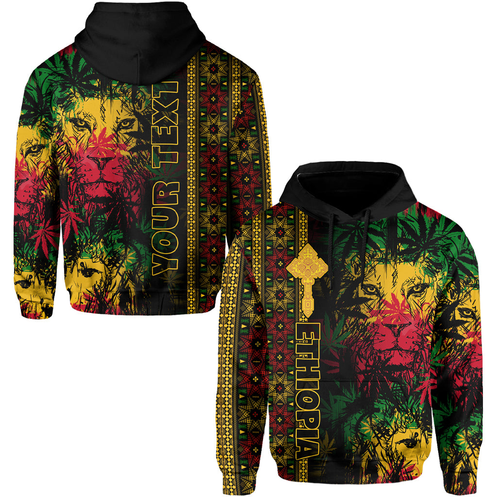 Custom hoodie in reggae colors, lion and cross graphic, front view with hood and kangaroo pocket