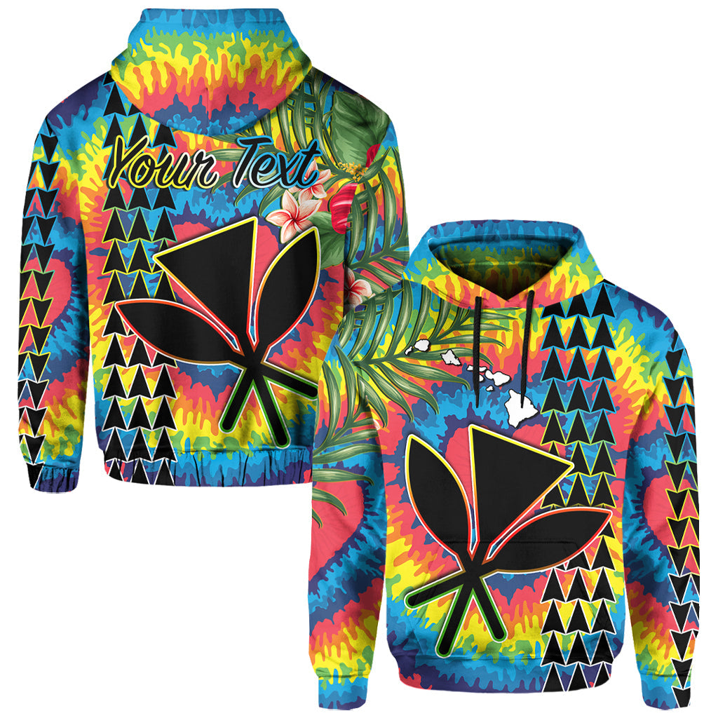 Rainbow tie-dye pullover hoodie with polynesian floral tribal print, hood and front graphic