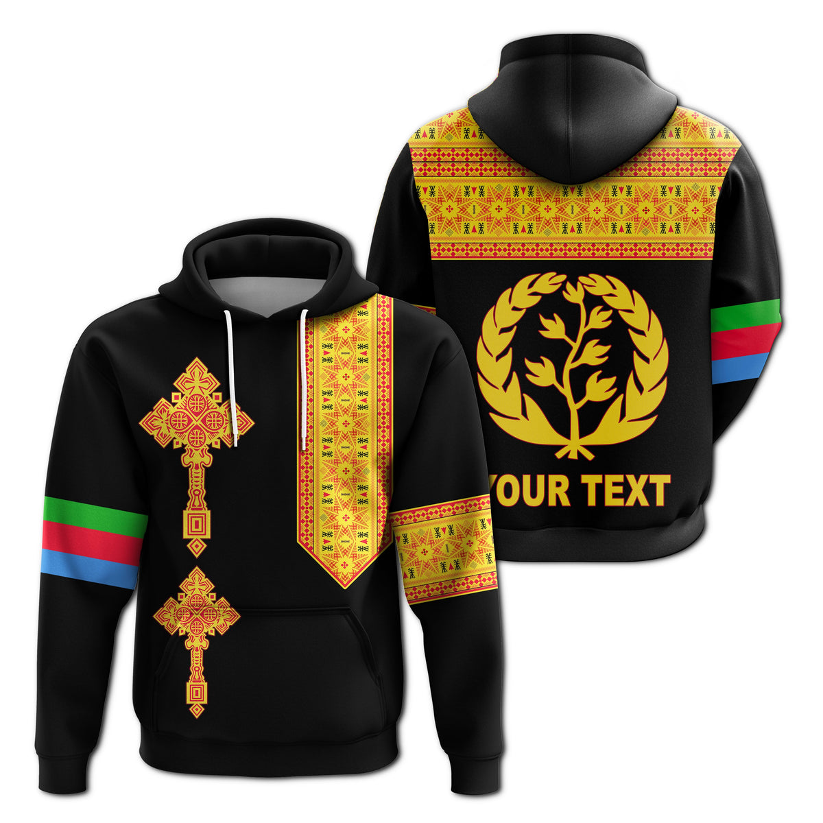 Black pullover hoodie with Eritrean cross print, patterned panel, and gold tree emblem