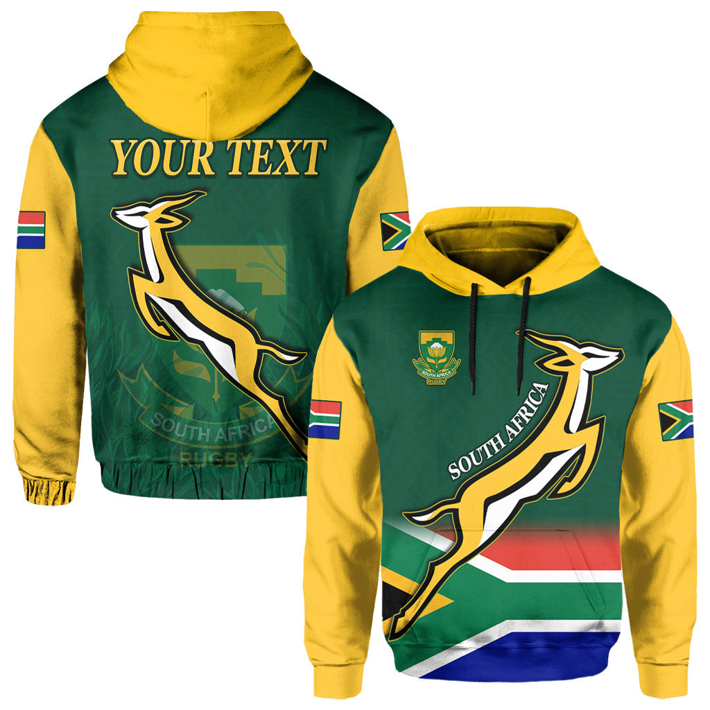Zwei Rugby-Hoodies: grün mit gelben Ärmeln, Kapuze, Rückendruck „YOUR TEXT“