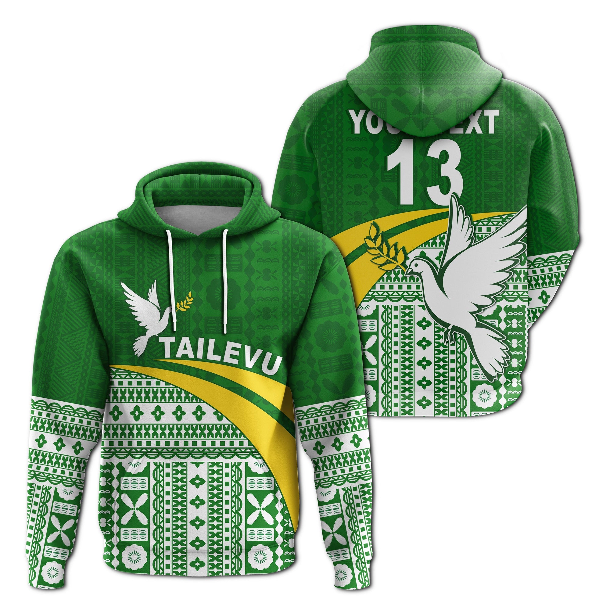 Custom Tailevu Rugby Hoodie Fiji Rugby Tapa Pattern Green LT13 - Wonder Print Shop