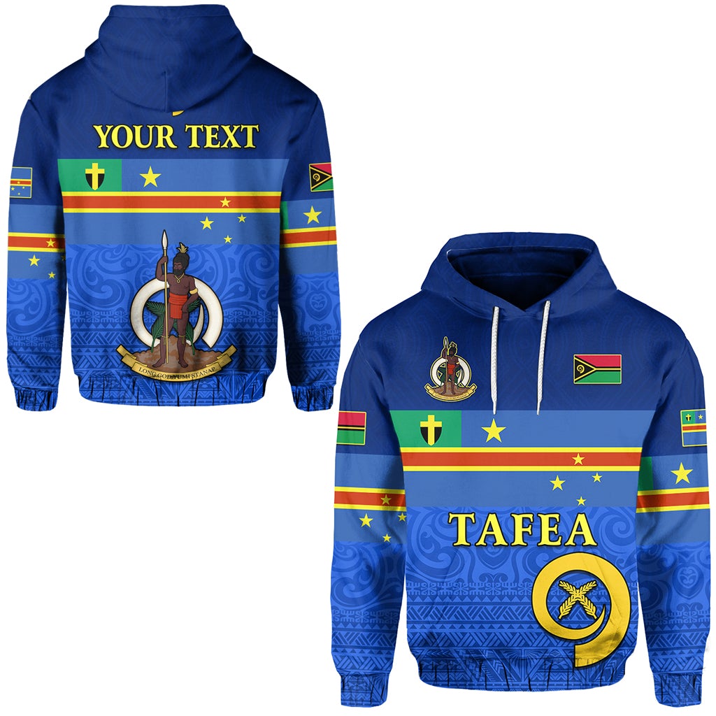 Blue hoodie with Tafea front graphic, hood and white drawstrings; also back 'YOUR TEXT'