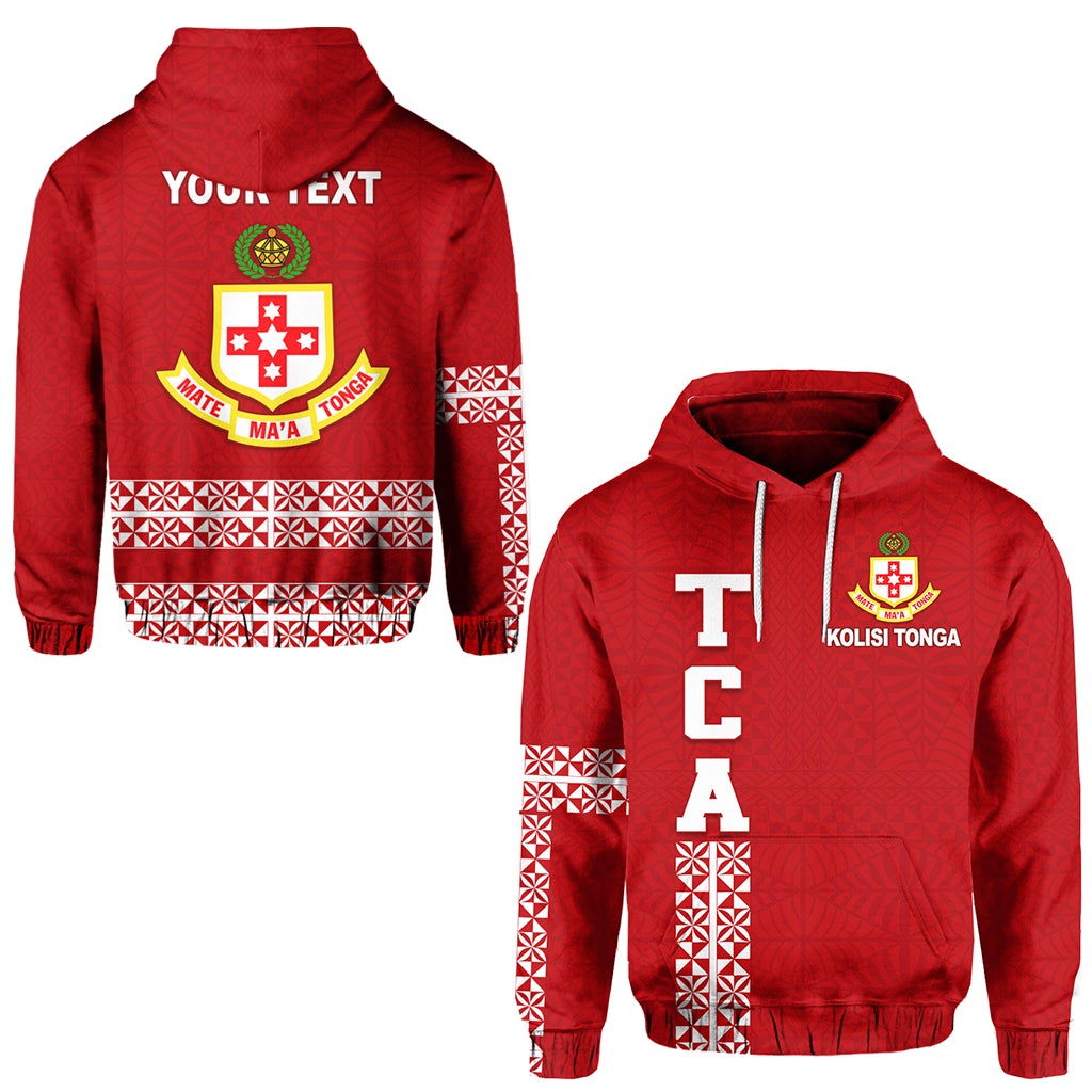 Red pullover hoodie: Tonga crest, white patterned stripes on sleeves