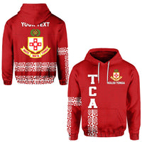 Red pullover hoodie: Tonga crest, white patterned stripes on sleeves