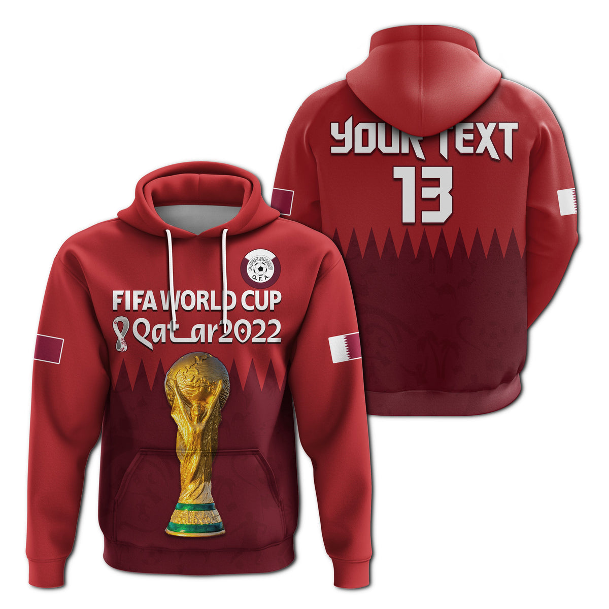 Maroon hoodie: FIFA World Cup Qatar 2022 trophy graphic with QFA crest, front view