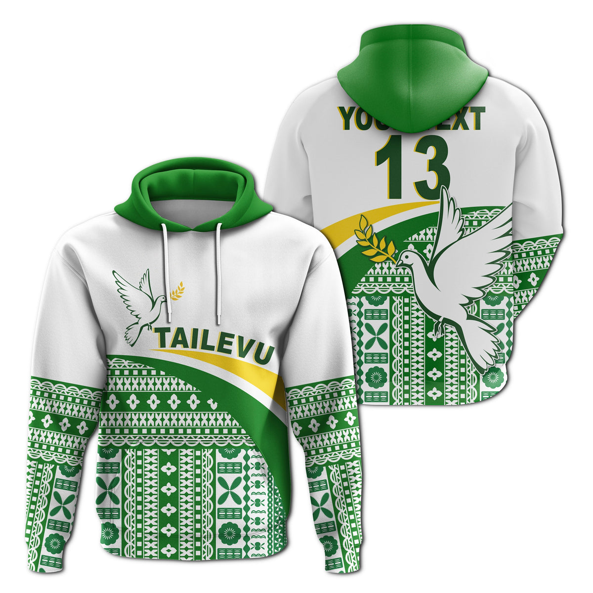 White pullover hoodie with green hood and Tailevu tapa pattern, bird graphic and #13
