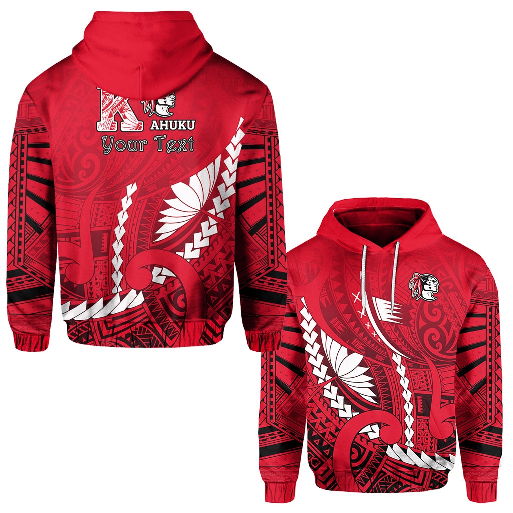 Red pullover hoodie with bold white Aztec pattern and team graphic, kangaroo icon