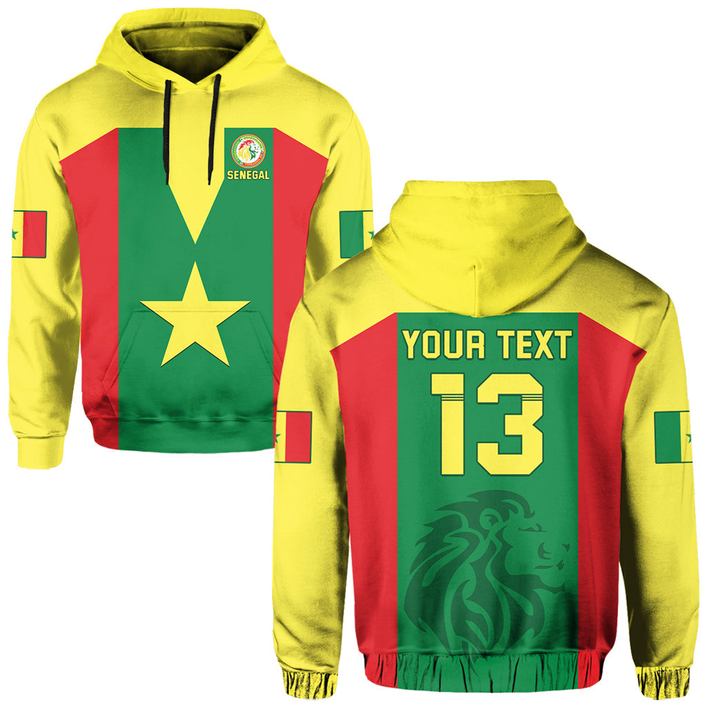 Yellow zip hoodie with Senegal flag star graphic on front, hood with black drawstrings