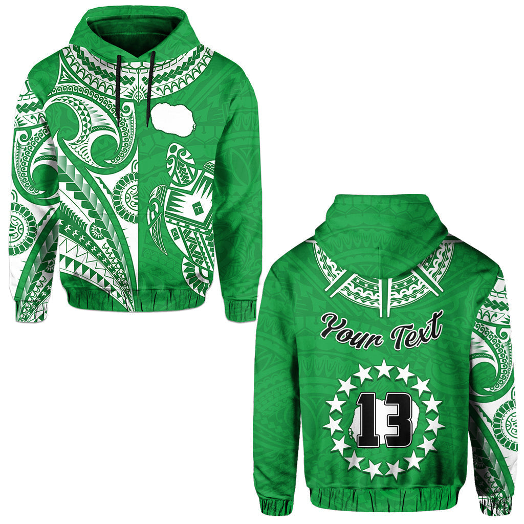 Green zip hoodie with turtle map front print, patterned hood, black drawstrings