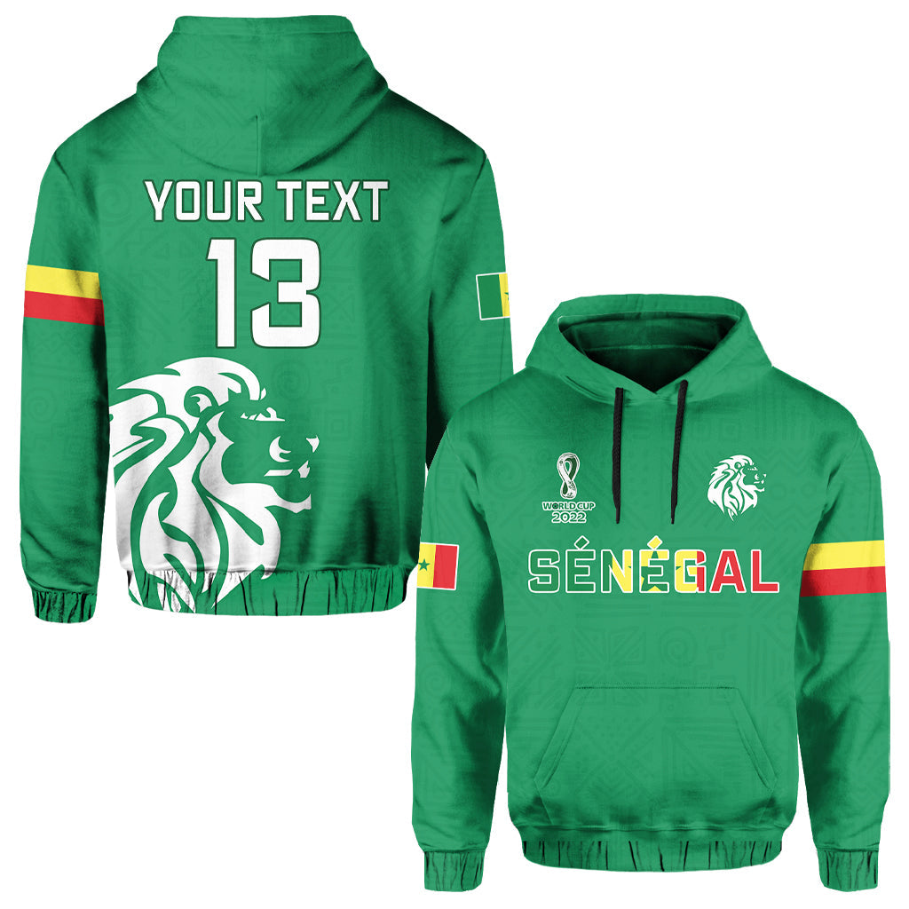 Green Senegal football hoodie set: pullover and zip styles with lion graphics and flag sleeve stripes