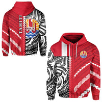 Red pullover hoodie with Tahiti Polynesian face and tribal patterns, front hood