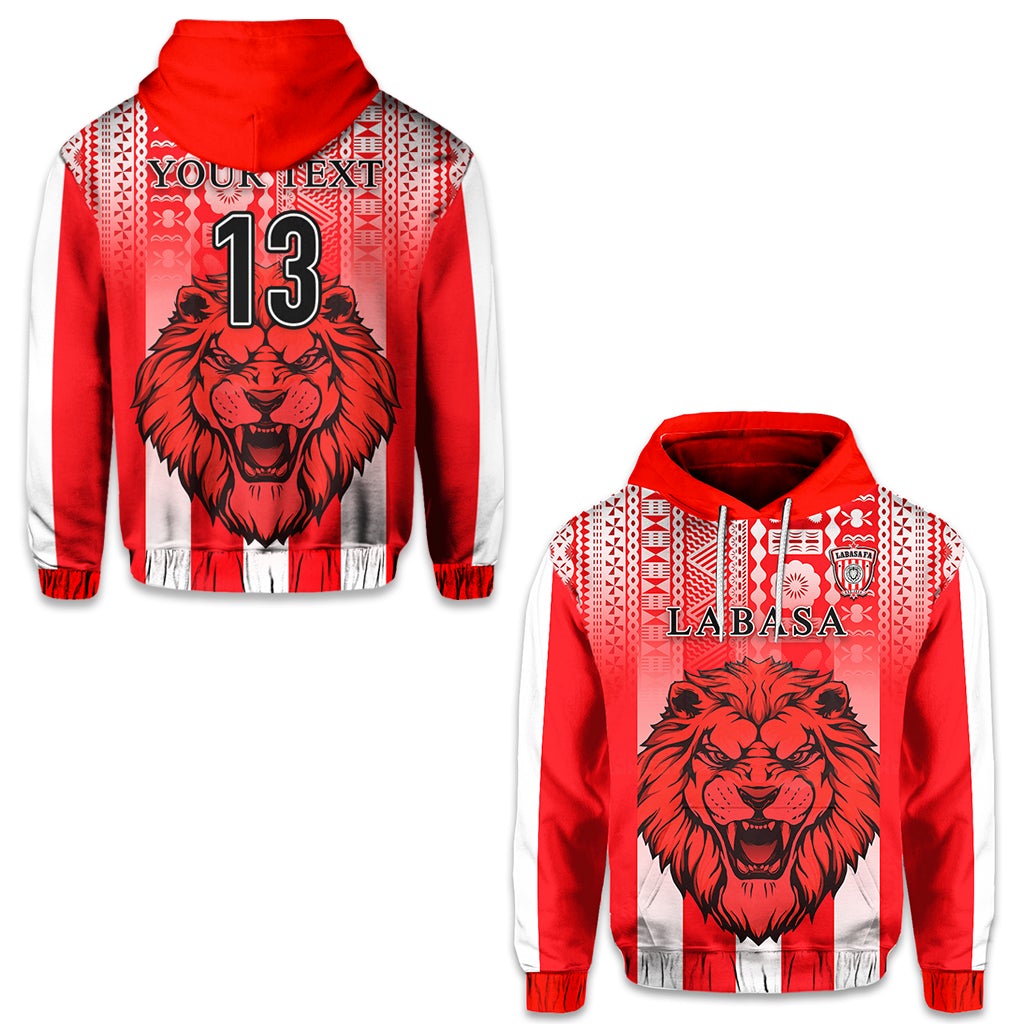 Red football hoodie back: 'YOUR TEXT', roaring lion graphic, number 13
