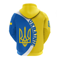 Back view pullover hoodie with Ukraine trident half-circle flag print, yellow/blue